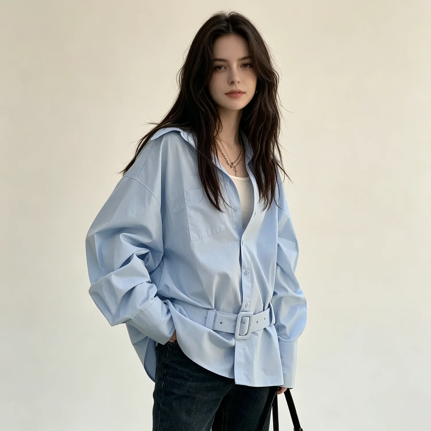 LIMO Women's Light Blue Oversized Long Sleeve Shirt With Matching Belt Loose Casual Lapel Collar Button Down Blouse Top
LIMO Women's Light Blue Oversized Long Sleeve Shirt With Matching Belt Loose Casual Lapel Collar Button Down Blouse Top