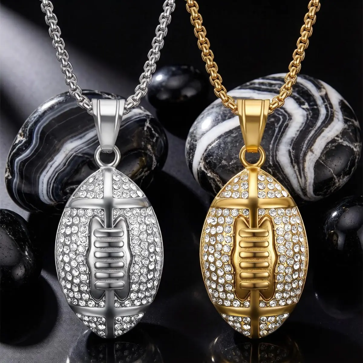 Fashionable Titanium Steel Gold-Plated Diamond-Encrusted American Football Pendant Necklace Hip-Hop Style Stainless Steel Football Necklace with Diamonds Trendy Fashion
Fashionable Titanium Steel Gold-Plated Diamond-Encrusted American Football Pendant Necklace Hip-Hop Style Stainless Steel Football Necklace with Diamonds Trendy Fashion