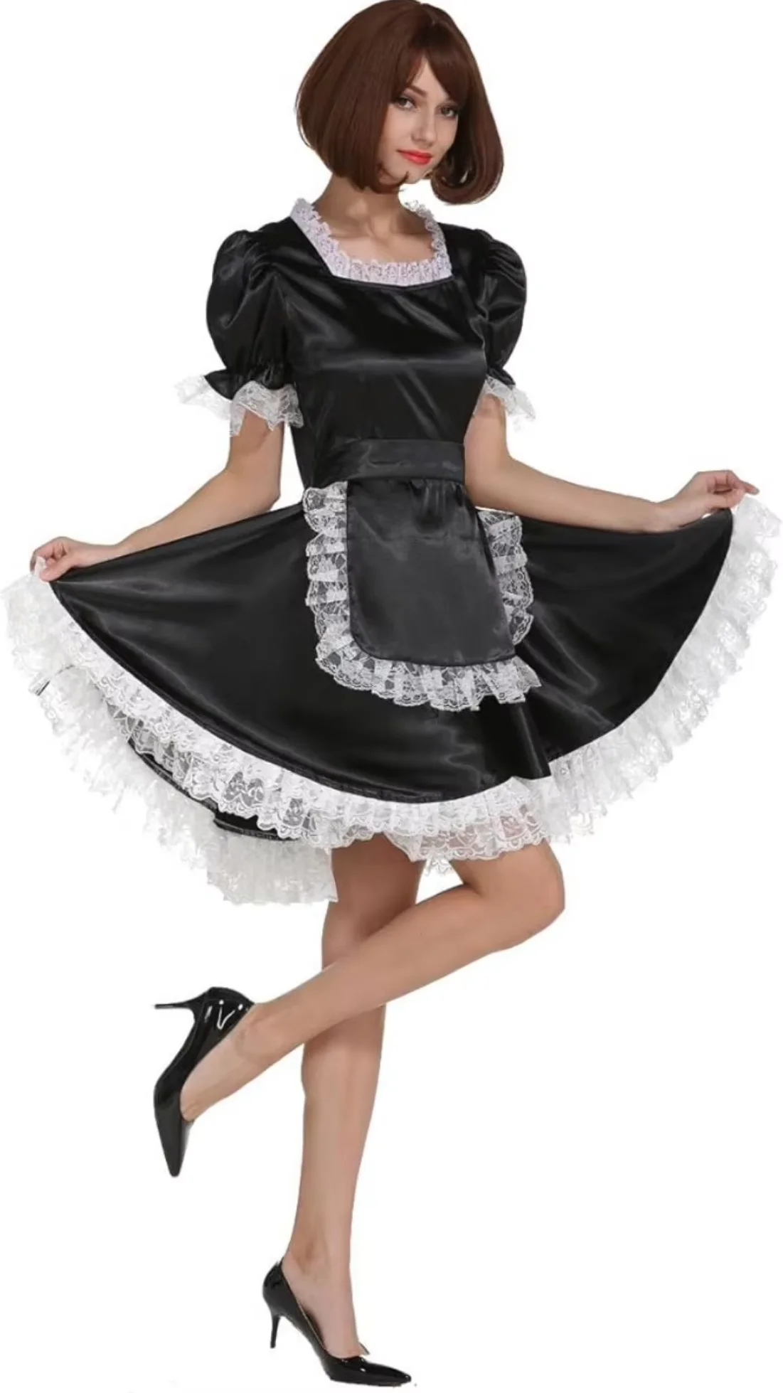 French Sexy Adult Custom Fetishist Cross Dressing Sissy Black Satin Square Large Neckline Lace Edge Short Sleeved Dress
French Sexy Adult Custom Fetishist Cross Dressing Sissy Black Satin Square Large Neckline Lace Edge Short Sleeved Dress