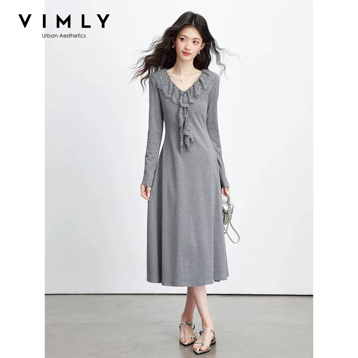 VIMLY Women's Knit Midi Dress 2026 Spring New Elegant Gray V-Neck Lace Ruffle Trim Slim Fit Long Sleeve Dress For Ladies A3978
VIMLY Women's Knit Midi Dress 2026 Spring New Elegant Gray V-Neck Lace Ruffle Trim Slim Fit Long Sleeve Dress For Ladies A3978