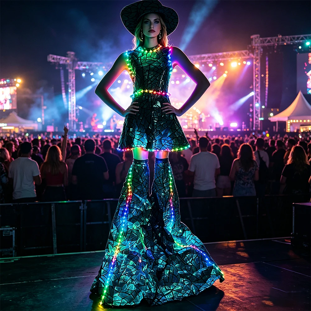 Women's Lake Blue LED Colorful Glossy Stilts Dress with Modern Girl Hat, Stage Performance Festival Gogo Costume Nightclub Rave
Women's Lake Blue LED Colorful Glossy Stilts Dress with Modern Girl Hat, Stage Performance Festival Gogo Costume Nightclub Rave