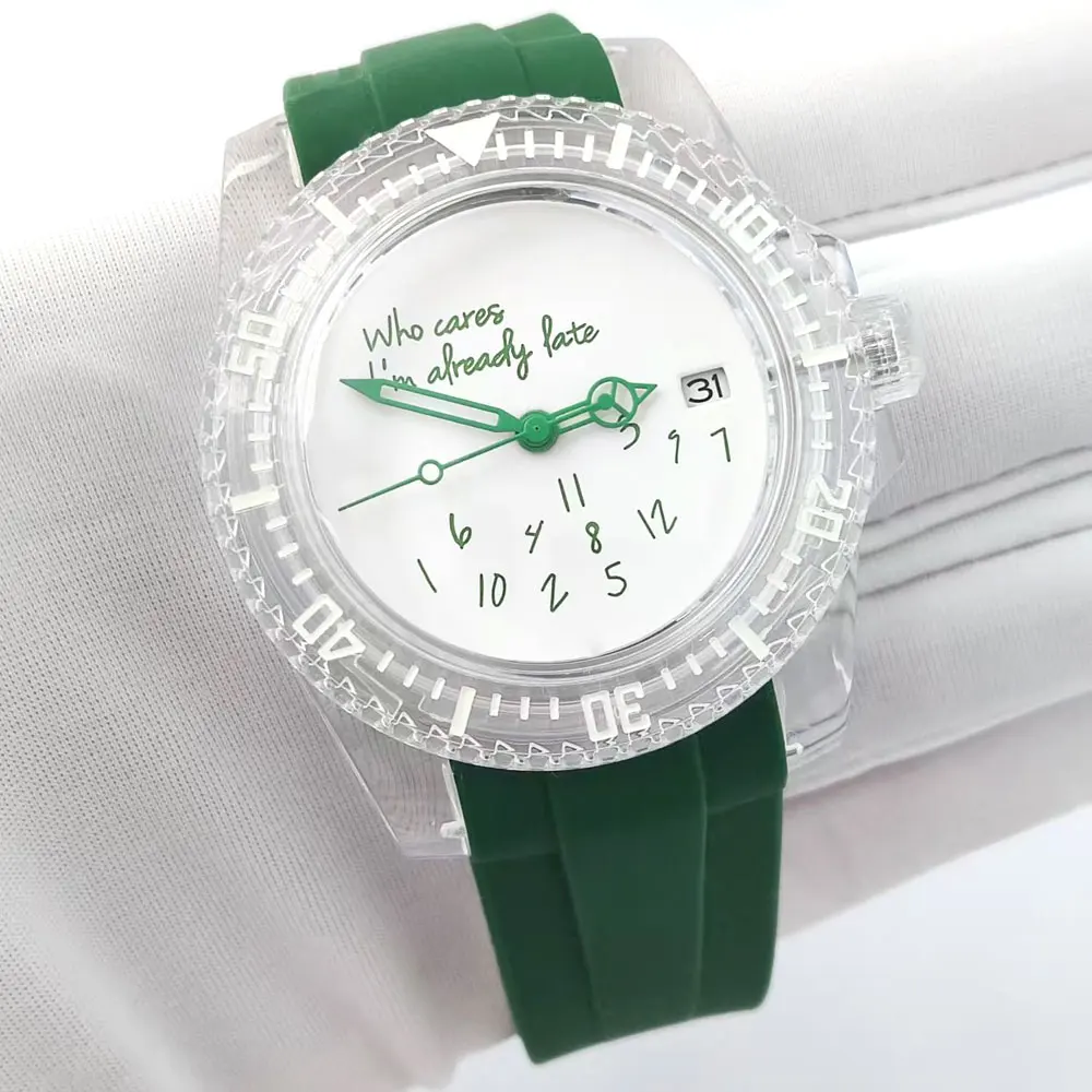 39mm watch NH35 watch "Who Cares I'm already Late" watch acrylic case waterproof transparent watch men's watch
39mm watch NH35 watch "Who Cares I'm already Late" watch acrylic case waterproof transparent watch men's watch