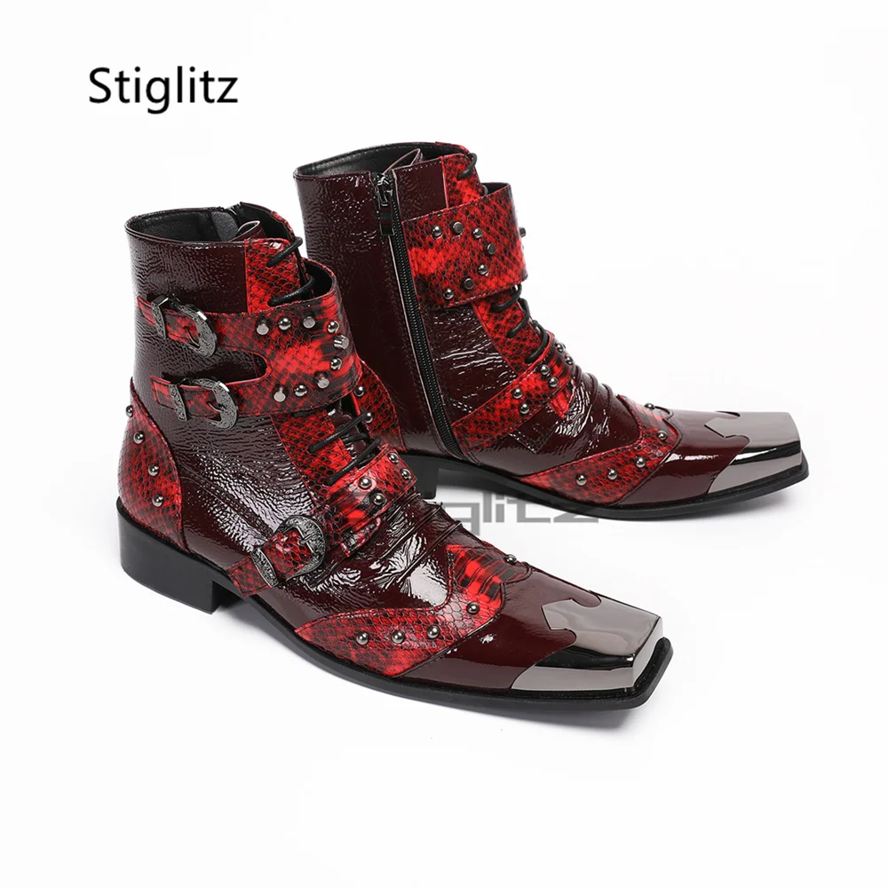 Men's Metal Square Toe Rivet Belt Buckle Chelsea Boots Wine Red Genuine Leather Patchwork Zipper Short Boots Punk Dress Shoes
Men's Metal Square Toe Rivet Belt Buckle Chelsea Boots Wine Red Genuine Leather Patchwork Zipper Short Boots Punk Dress Shoes