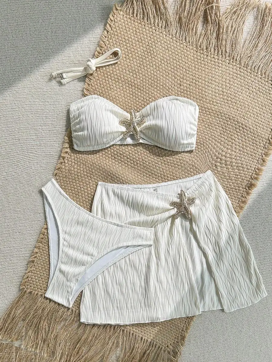 Womens White Starfish Decor Bandeau Bikini Set With Cover Up Skirt
Womens White Starfish Decor Bandeau Bikini Set With Cover Up Skirt