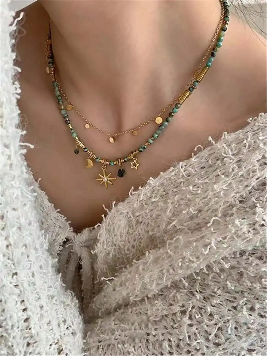 2pcs Vintage Natural Stone Bead Layered Necklace With Starburst Moon Star Charms For Women
2pcs Vintage Natural Stone Bead Layered Necklace With Starburst Moon Star Charms For Women