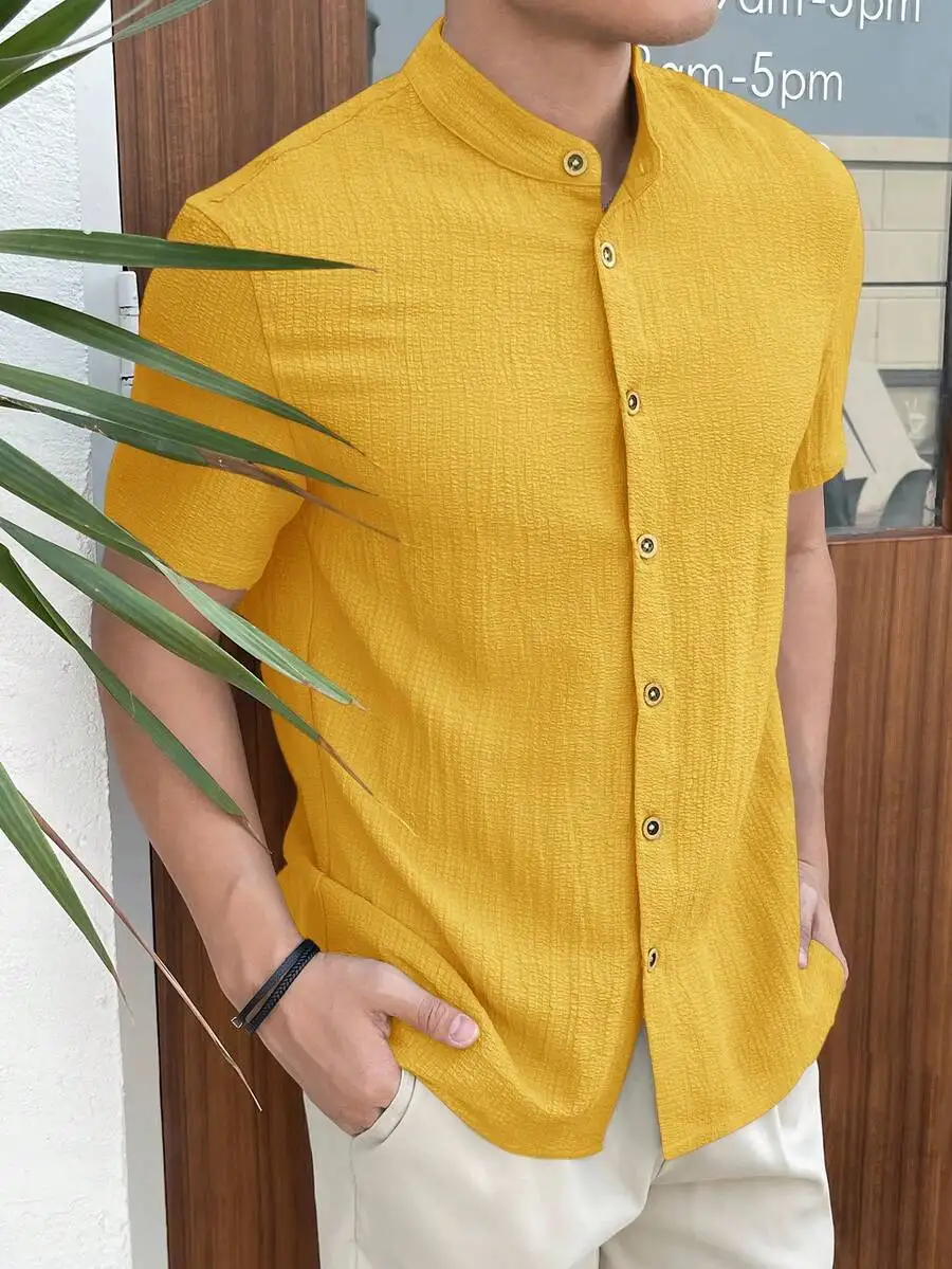 Mens Solid Color Short Sleeve Mandarin Collar Casual Woven Shirt Yellow
Mens Solid Color Short Sleeve Mandarin Collar Casual Woven Shirt Yellow