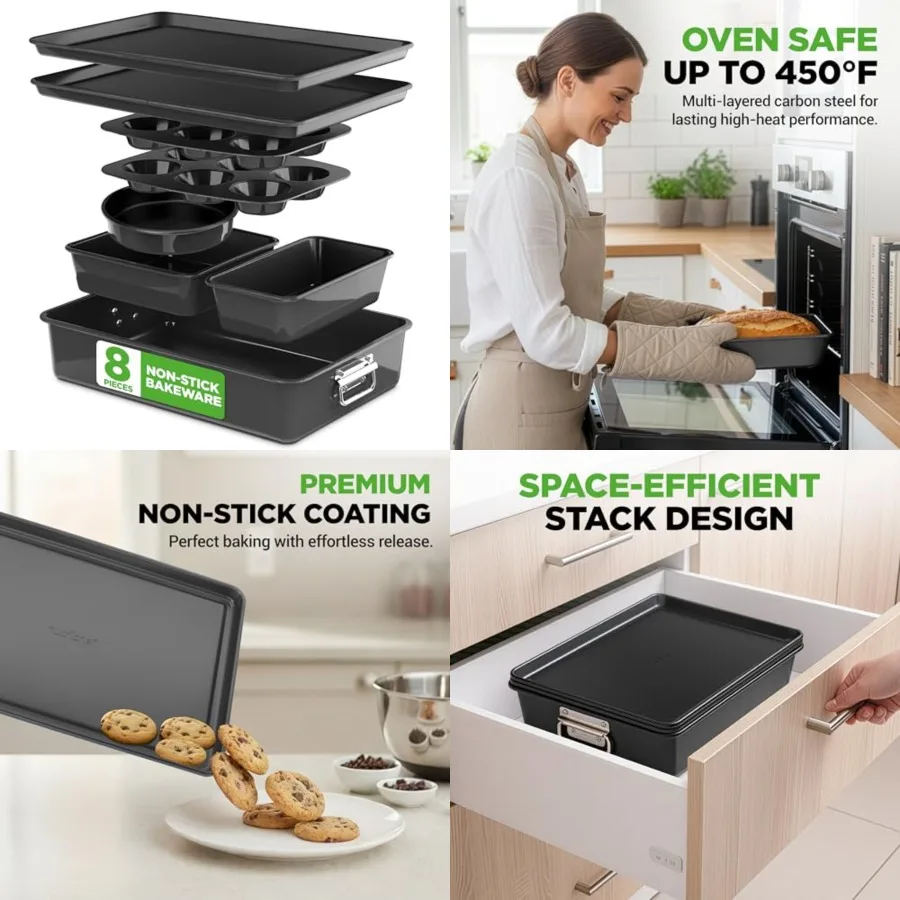 8-Piece Stackable Nonstick Bakeware Set - Premium Steel Baking Pans Set - Includes Round Cake Pan, 6-Cup Muffin Pans, Wide/Squa
8-Piece Stackable Nonstick Bakeware Set - Premium Steel Baking Pans Set - Includes Round Cake Pan, 6-Cup Muffin Pans, Wide/Squa