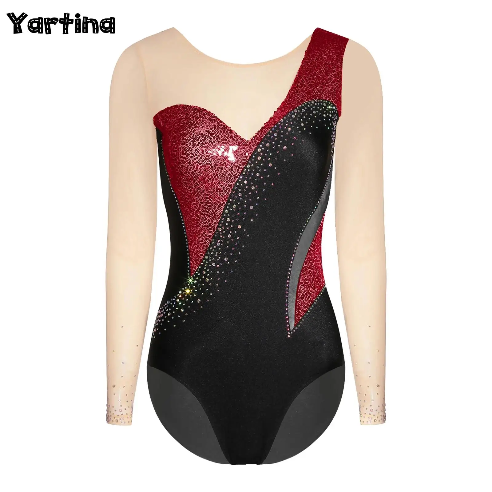 Women Gymnastics Artistic Ballet Jersey Leotards Figure Skating Costume Sheer Mesh Shiny Sequins Leotard Long Sleeve bodysuit 
Women Gymnastics Artistic Ballet Jersey Leotards Figure Skating Costume Sheer Mesh Shiny Sequins Leotard Long Sleeve bodysuit