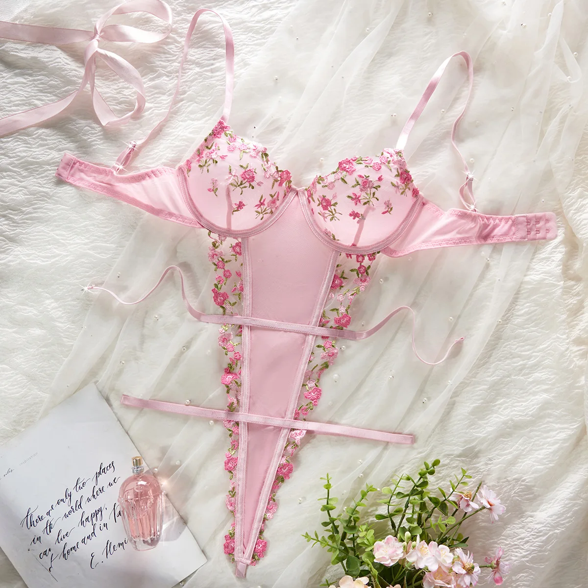 Fancy Sexy Lingerie Jumpsuit, Pink Fresh Mesh Floral Embroidery Backless Jumpsuit, Tight Corset with Lace Up Beautiful Lingerie
Fancy Sexy Lingerie Jumpsuit, Pink Fresh Mesh Floral Embroidery Backless Jumpsuit, Tight Corset with Lace Up Beautiful Lingerie