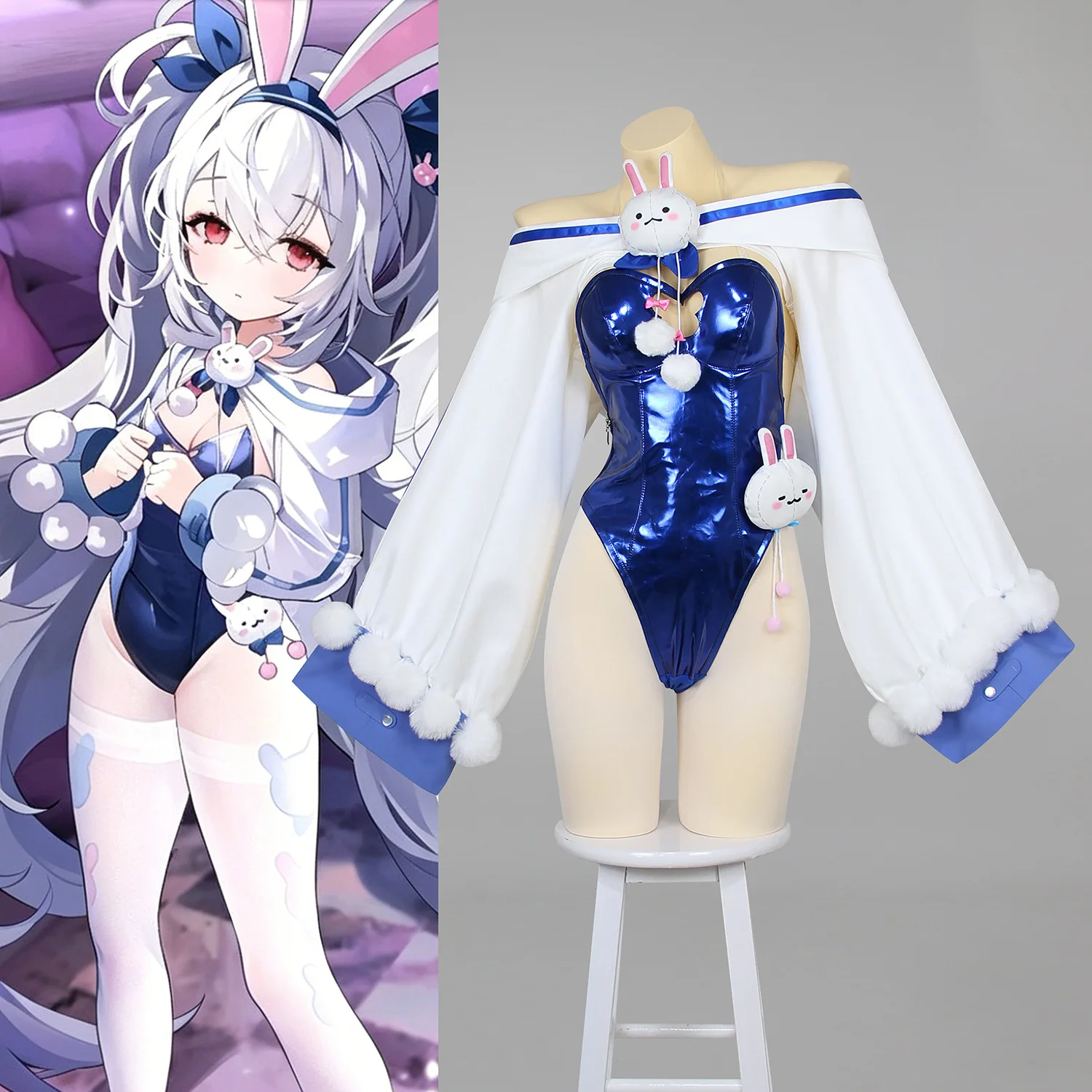Anime Bunny Girl Cosplay Costume Blue White Shiny Bodysuit with Bunny Ears and Plush Accessories for Halloween Party
Anime Bunny Girl Cosplay Costume Blue White Shiny Bodysuit with Bunny Ears and Plush Accessories for Halloween Party
