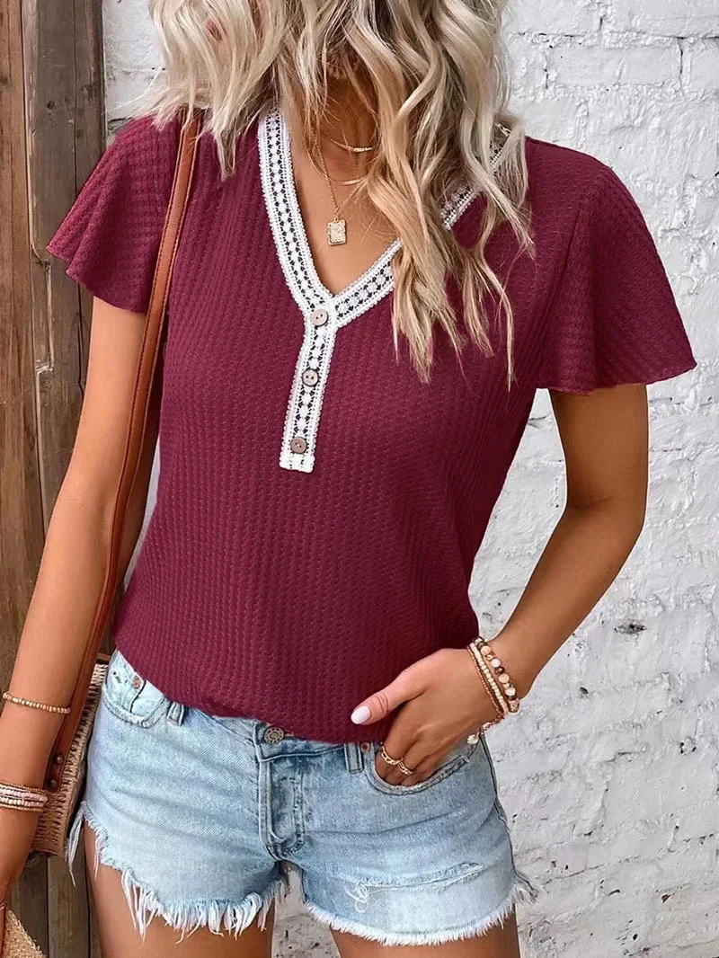 Elegant Waffle Splicing Button Tops Female 2023 Summer Sweet Style Feifei Sleeve T-Shirt Women's Casual Commuter Straight Tees
Elegant Waffle Splicing Button Tops Female 2023 Summer Sweet Style Feifei Sleeve T-Shirt Women's Casual Commuter Straight Tees