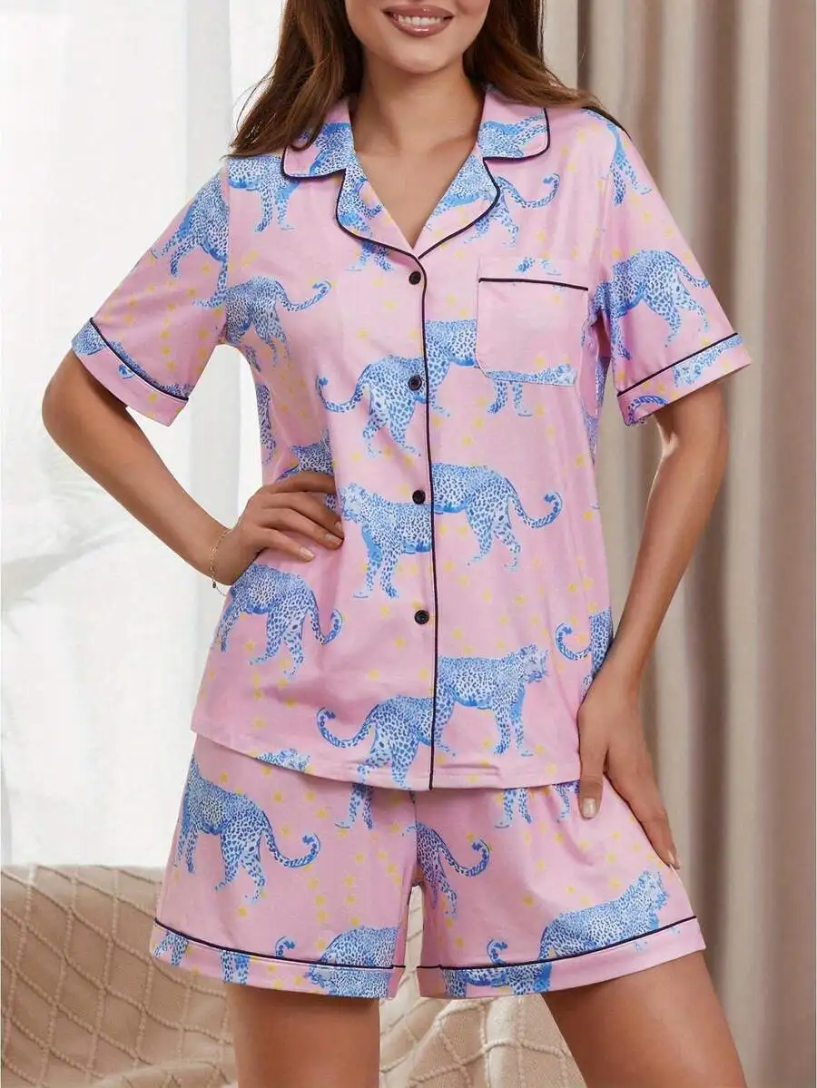 Women Pajama Set Blue Leopard Print Short Sleeve Button Up Shirt And Shorts Sleepwear
Women Pajama Set Blue Leopard Print Short Sleeve Button Up Shirt And Shorts Sleepwear