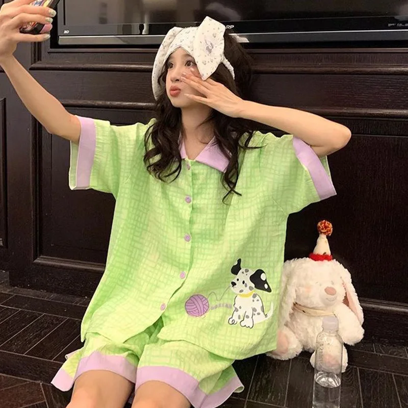 Korean Cartoon Dog Green Pajamas Set Cotton Women Kawaii Summer PJ Set Thin Tshirt Shorts Loungewear Y2K Cutecore Soft Sleepwear
Korean Cartoon Dog Green Pajamas Set Cotton Women Kawaii Summer PJ Set Thin Tshirt Shorts Loungewear Y2K Cutecore Soft Sleepwear
