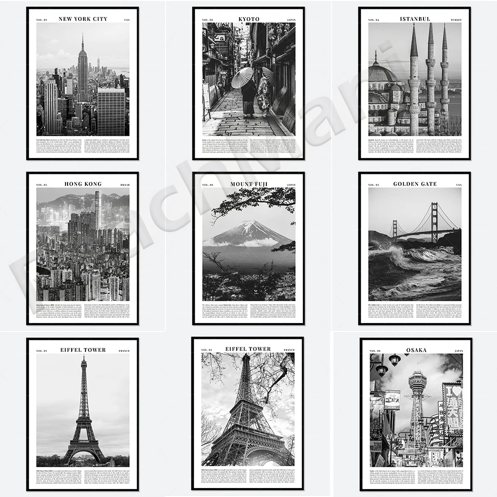 Eiffel Tower, New York City, India Taj Mahal, Turkey, Osaka Tsutenkaku New World Japan black and white travel poster
Eiffel Tower, New York City, India Taj Mahal, Turkey, Osaka Tsutenkaku New World Japan black and white travel poster