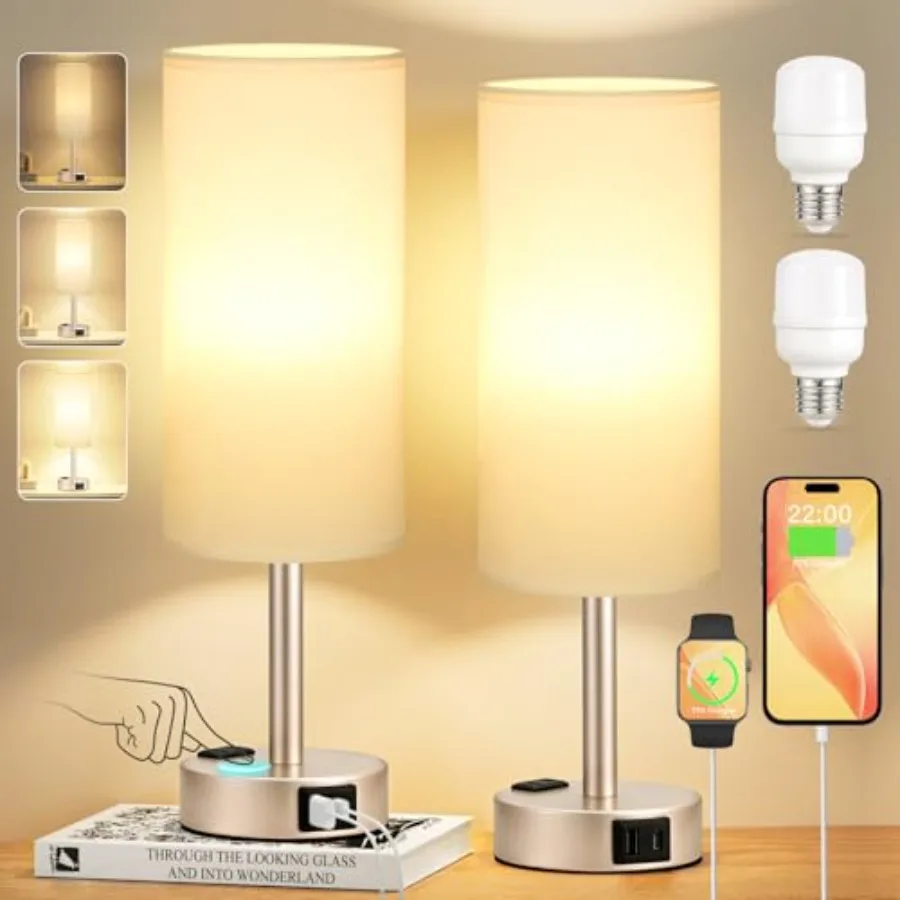 Touch Bedside Table Lamps Set - 3 Way Dimmable Bedroom Lamps Set of 2 with USB C and A Ports, Small Lamps for Nightstand with A
Touch Bedside Table Lamps Set - 3 Way Dimmable Bedroom Lamps Set of 2 with USB C and A Ports, Small Lamps for Nightstand with A