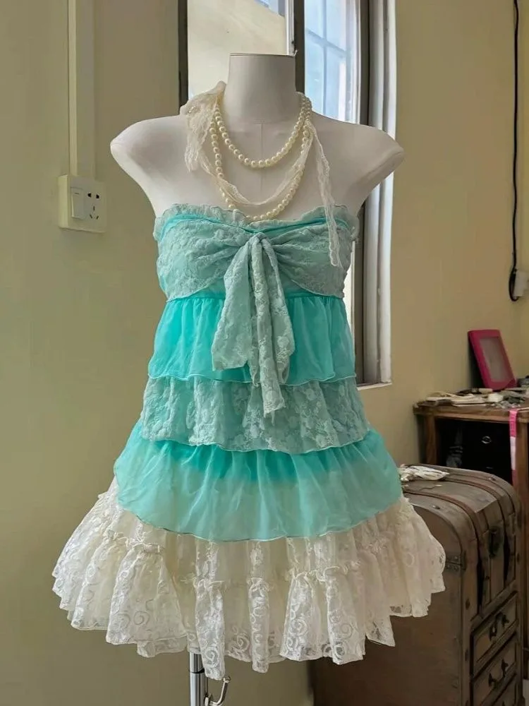 Summer Japanese 2000s Dress Sets Lace Green Tiered Skirt Sweet Bow Strapless Dress Young Girls Women Sweet Princess Y2K Skirts
Summer Japanese 2000s Dress Sets Lace Green Tiered Skirt Sweet Bow Strapless Dress Young Girls Women Sweet Princess Y2K Skirts