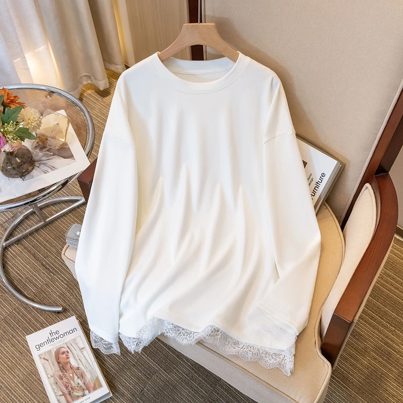 Women Basics Long Sleeves Elegant O-neck Chic Lace Border Spliced Loose T-shirts Top Autumn Winter Plus Size Casual Clothing
Women Basics Long Sleeves Elegant O-neck Chic Lace Border Spliced Loose T-shirts Top Autumn Winter Plus Size Casual Clothing