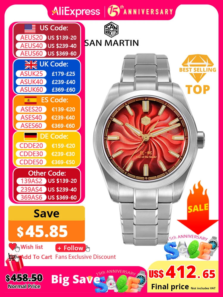 San Martin 2025 Guilloche Dial Snake Year Limited 39mm Miyota 90S5 Clear Caseback Men Automatic Mechanical Watch Luminous SN0144
San Martin 2025 Guilloche Dial Snake Year Limited 39mm Miyota 90S5 Clear Caseback Men Automatic Mechanical Watch Luminous SN0144