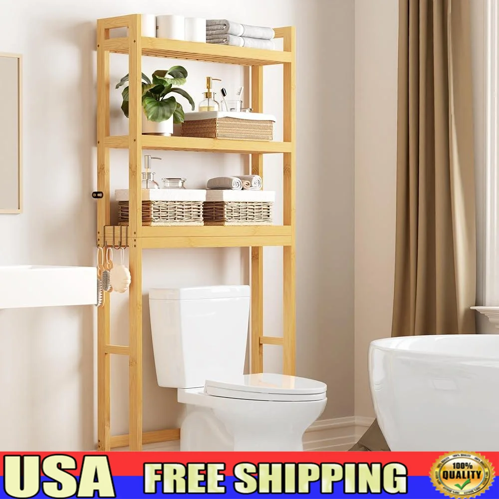 3-Tier Adjustable Bamboo Over Toilet Organizer with Hooks Stable Bathroom Storage Shelf 33lb capacity Fits Most Toilets Space
3-Tier Adjustable Bamboo Over Toilet Organizer with Hooks Stable Bathroom Storage Shelf 33lb capacity Fits Most Toilets Space