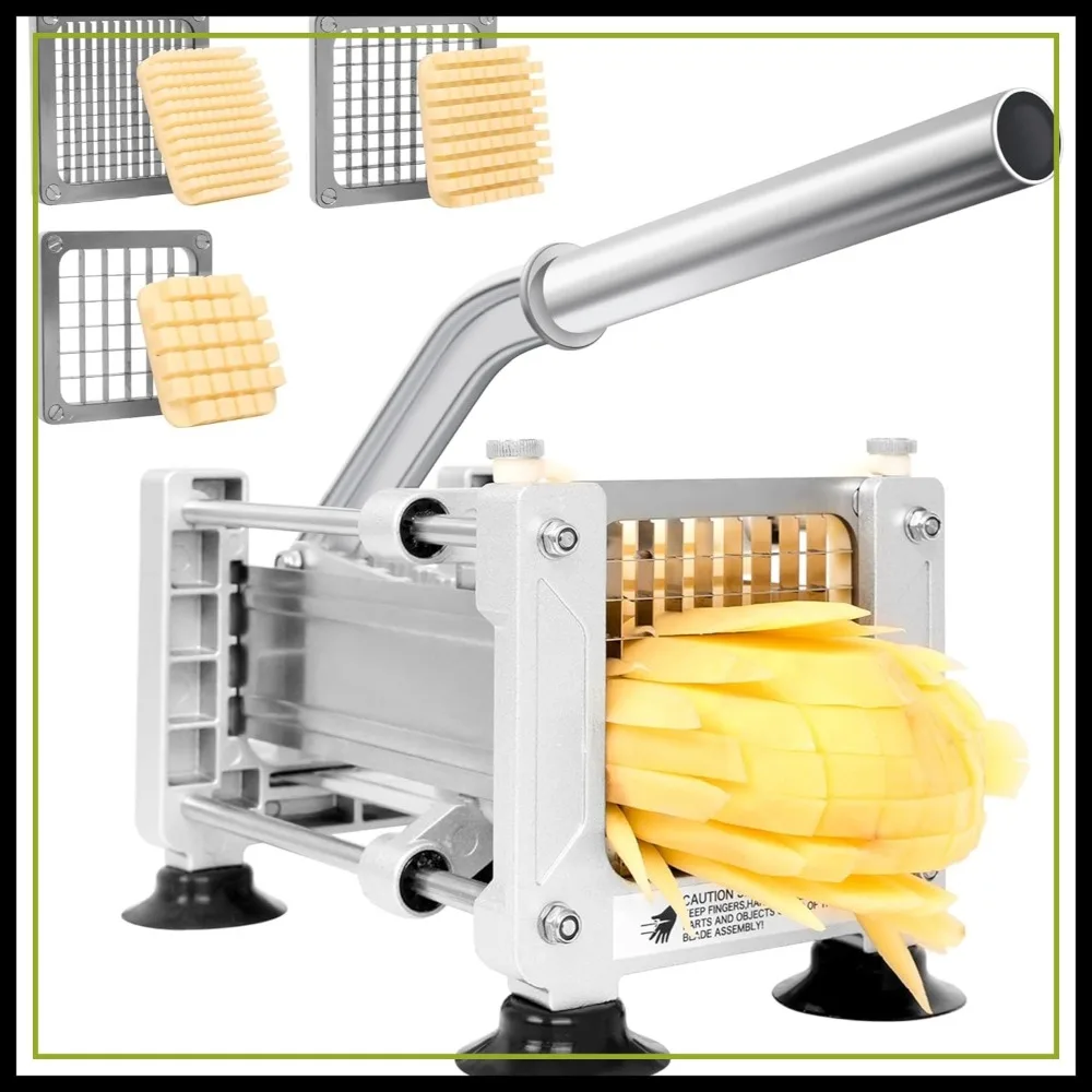 Stainless Steel French Fry Cutter for Potatoes with 3 Interchangeable Blades, Glove & Brush
Stainless Steel French Fry Cutter for Potatoes with 3 Interchangeable Blades, Glove & Brush