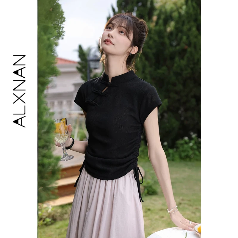 ALXNAN Black T-shirt New Chinese Waist Pleated Drawstring Design Slim-fit T-shirts 2026 Summer Elegant Short Sleeve Tops L35928
ALXNAN Black T-shirt New Chinese Waist Pleated Drawstring Design Slim-fit T-shirts 2026 Summer Elegant Short Sleeve Tops L35928