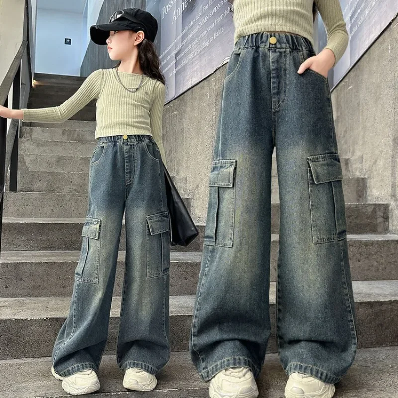 New 2025 Girls Loose Wide-leg Jeans Trousers Children Vintage Big Pocket Straight Denim Pants Spring Autumn Clothing 5-12 Years
New 2025 Girls Loose Wide-leg Jeans Trousers Children Vintage Big Pocket Straight Denim Pants Spring Autumn Clothing 5-12 Years