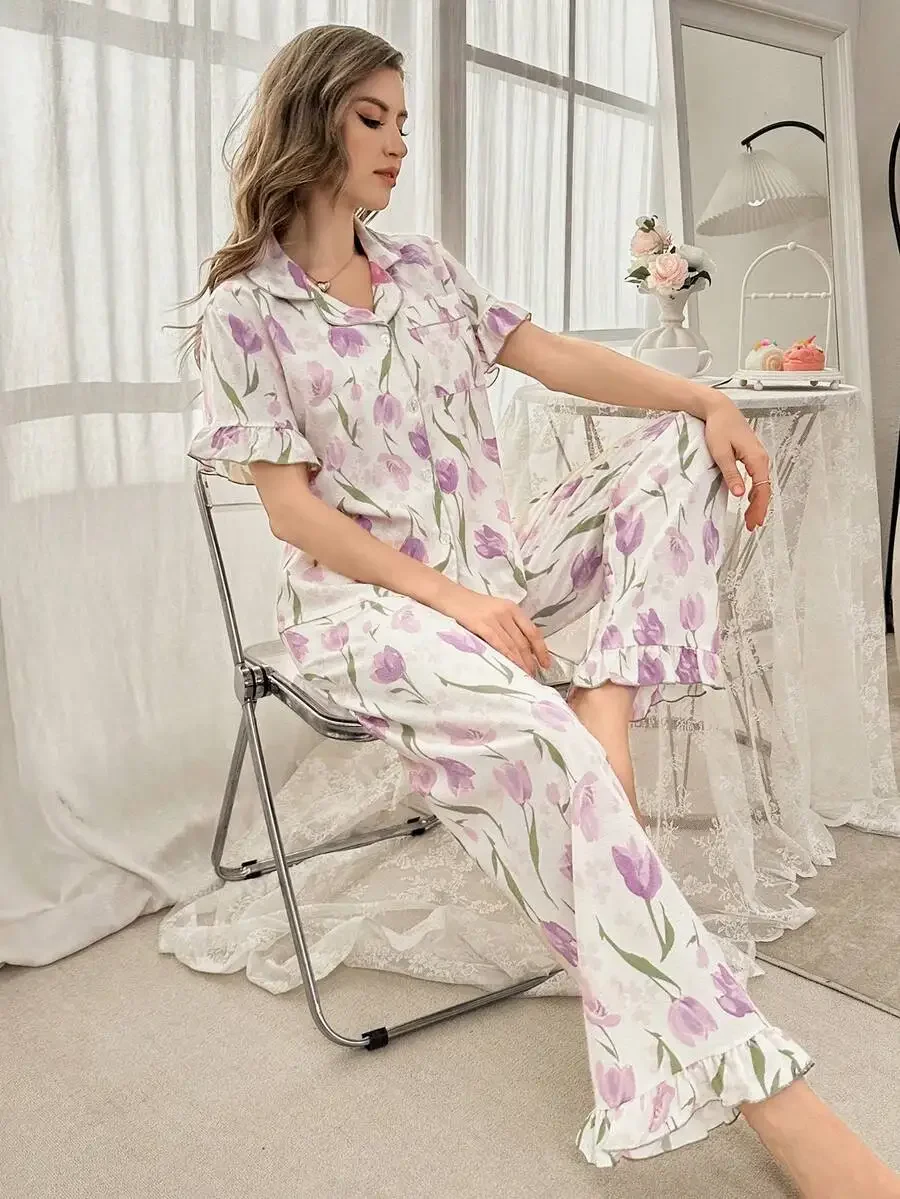 Women Floral Print Bubble Gauze Turn-Down Collar Short Sleeve Pajama Set Spring Summer
Women Floral Print Bubble Gauze Turn-Down Collar Short Sleeve Pajama Set Spring Summer