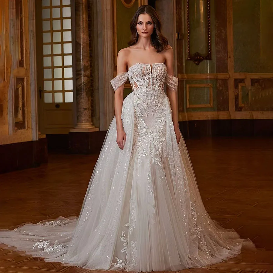 2024 Summer New Off the Shoulder Lace Mermaid Wedding Dress with Detachable Train Tulle Bridal Gown Custom Made
2024 Summer New Off the Shoulder Lace Mermaid Wedding Dress with Detachable Train Tulle Bridal Gown Custom Made