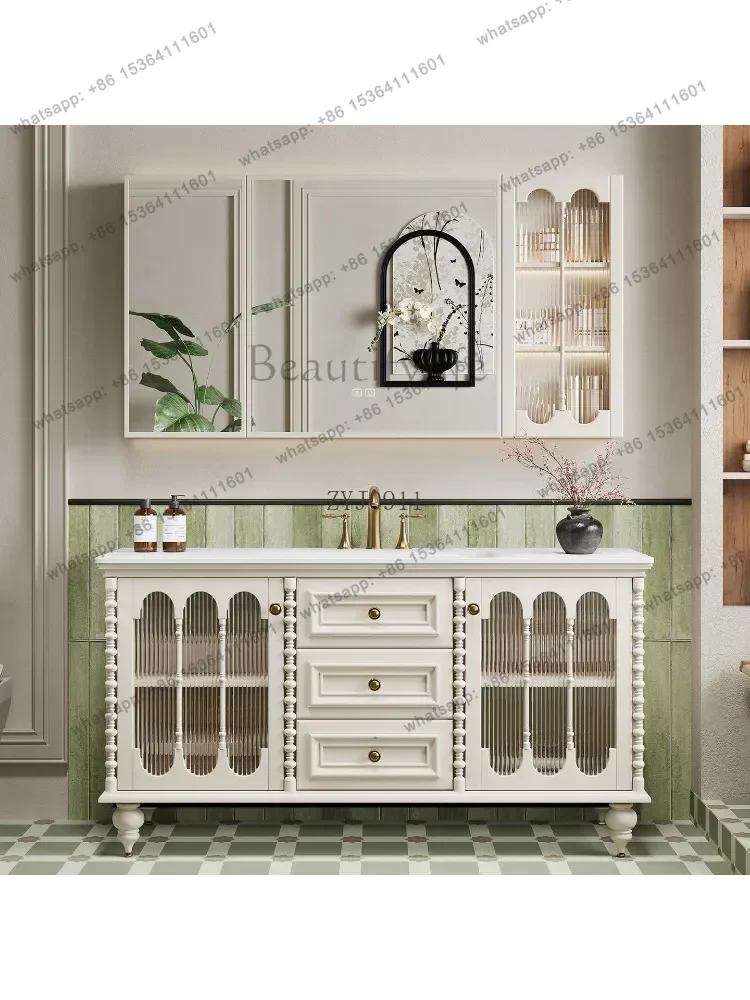 French retro oak bathroom cabinet combination bathroom slate hot bending integrated basin washstand
French retro oak bathroom cabinet combination bathroom slate hot bending integrated basin washstand