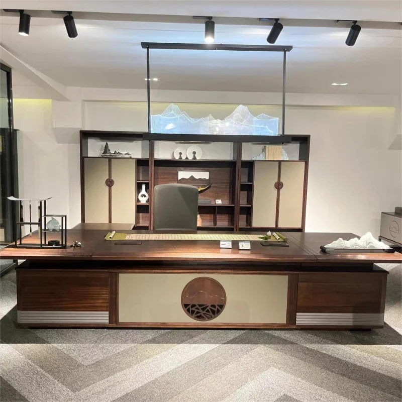 New Chinese black walnut solid wood with side cabinet big desk boss office desk and chair combination
New Chinese black walnut solid wood with side cabinet big desk boss office desk and chair combination