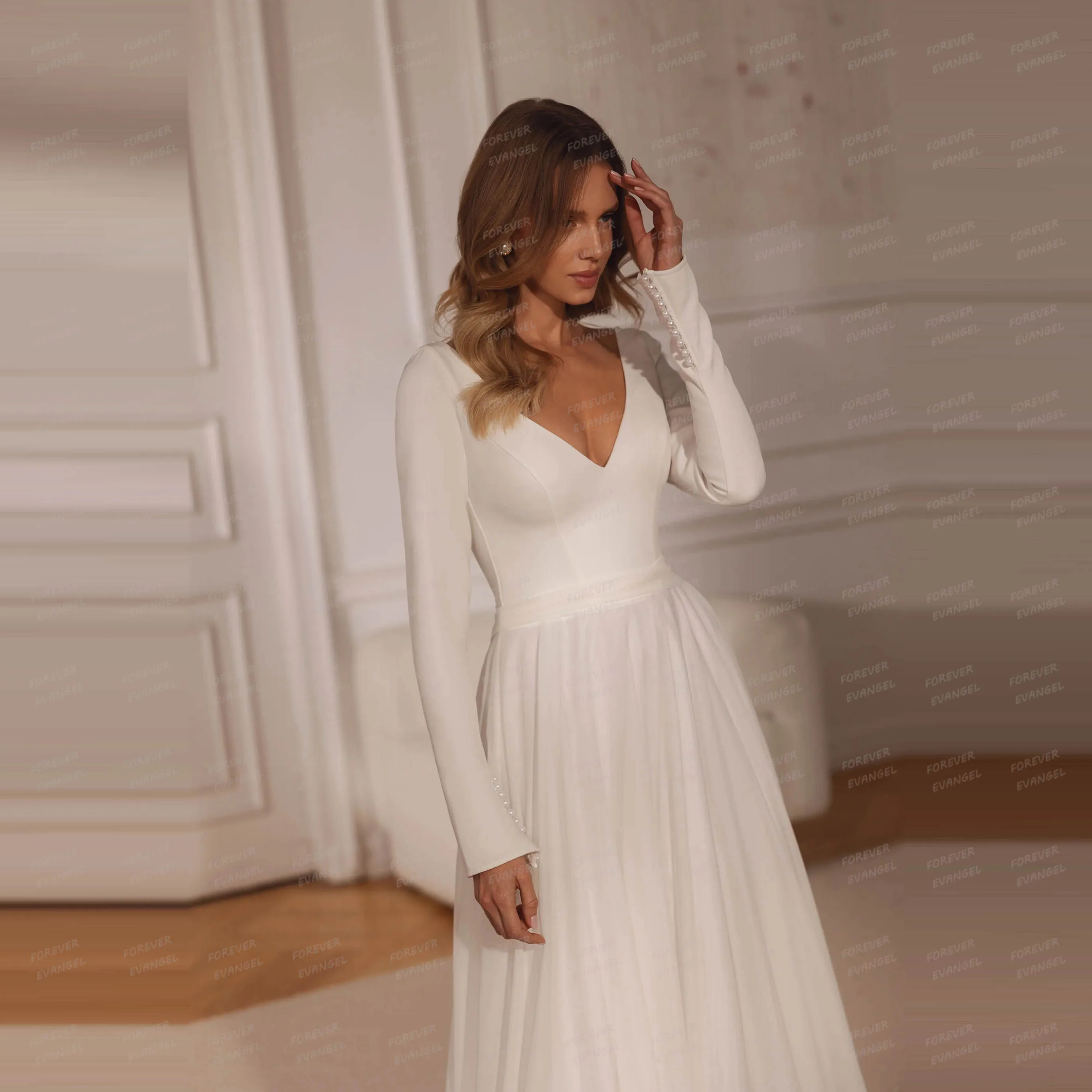 Simple Formal Wedding Dresses A Line Woman's Sexy Long Sleeve Backless V Neck Bride Gowns Sweep Train Vestidos Novia Customized
Simple Formal Wedding Dresses A Line Woman's Sexy Long Sleeve Backless V Neck Bride Gowns Sweep Train Vestidos Novia Customized