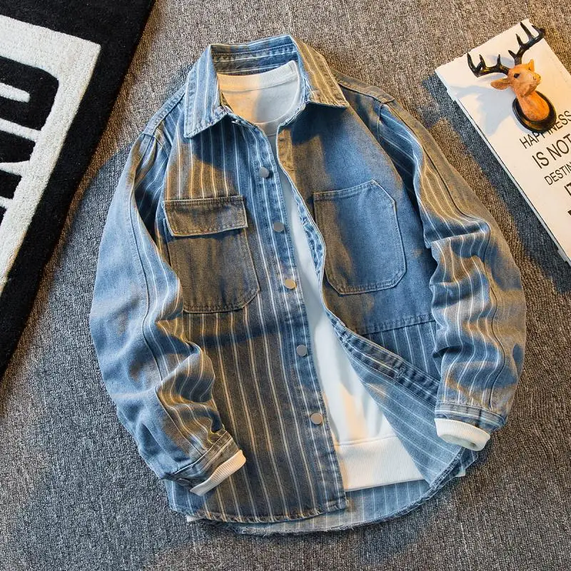 Men's striped patchwork denim jacket men's autumn trendy brand handsome men's casual loose work shirt style jacket
Men's striped patchwork denim jacket men's autumn trendy brand handsome men's casual loose work shirt style jacket