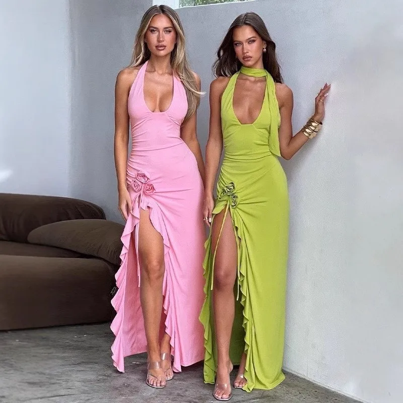 3D Flower Split Long Dress For Women Fashion Elegant Halter Deep V Neck Sleeveless Backless Bodycon Vacation Party Midi Dresses
3D Flower Split Long Dress For Women Fashion Elegant Halter Deep V Neck Sleeveless Backless Bodycon Vacation Party Midi Dresses
