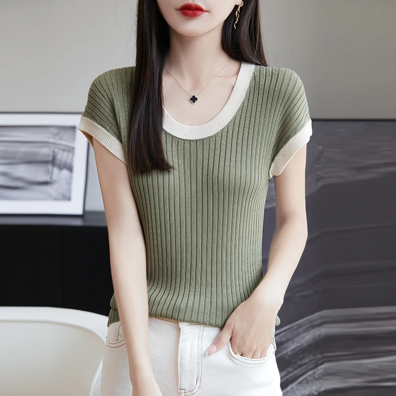 Women Silk Knit Thin Tops 2024 New Summer O-neck Wild Sleeveless T-shirts Lady High Elasticity Slim Shirt Patchwork Color Tees
Women Silk Knit Thin Tops 2024 New Summer O-neck Wild Sleeveless T-shirts Lady High Elasticity Slim Shirt Patchwork Color Tees