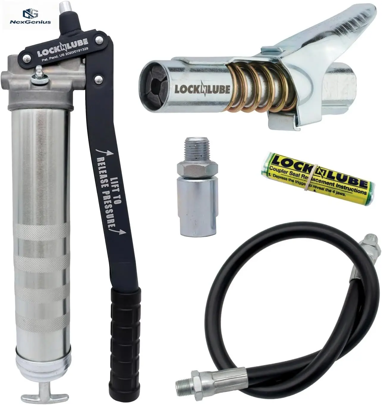 Professional Series Lever Grease Gun. Includes Our Patented Grease Coupler (Locks on, Stays on, Won't Leak!) Plus a 20" Hose and
Professional Series Lever Grease Gun. Includes Our Patented Grease Coupler (Locks on, Stays on, Won't Leak!) Plus a 20" Hose and