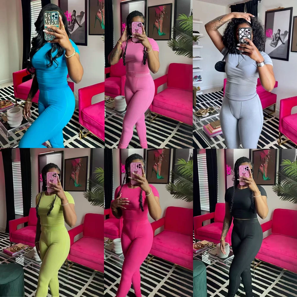 Lounge Woman Clothing Active 2pc Two Piece Sets Solid Color Cotton Ribbed O-Neck Short Sleeve Crop Top and Legging Set Outfits
Lounge Woman Clothing Active 2pc Two Piece Sets Solid Color Cotton Ribbed O-Neck Short Sleeve Crop Top and Legging Set Outfits