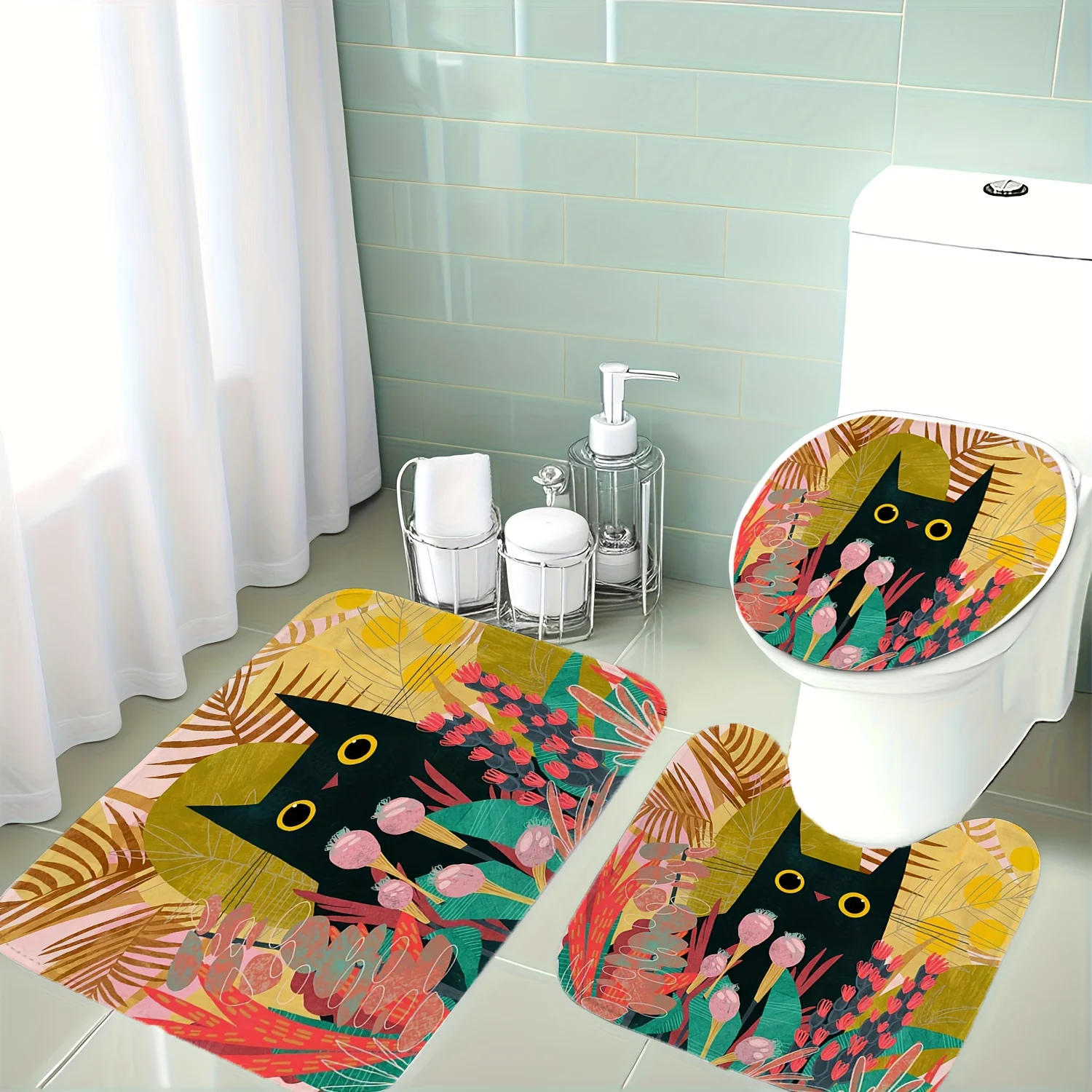 Christmas Decorations, a Three-Piece Set Featuring a Distinct Black Cartoon Cat with Round Yellow Eyes, Set in a Bathroom Mat
Christmas Decorations, a Three-Piece Set Featuring a Distinct Black Cartoon Cat with Round Yellow Eyes, Set in a Bathroom Mat