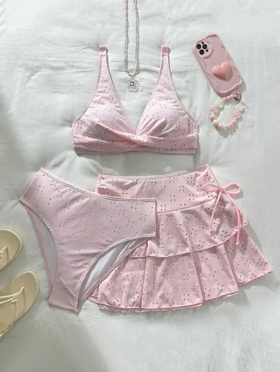 Womens 3 Piece Pink Eyelet Swimsuit Set With Criss-Cross Top And Tiered Skirt
Womens 3 Piece Pink Eyelet Swimsuit Set With Criss-Cross Top And Tiered Skirt