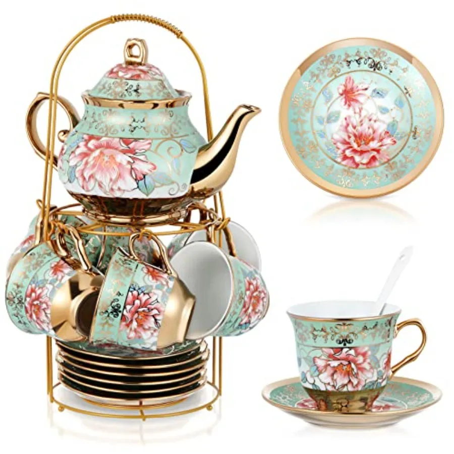 Zhehao 20 Pcs Porcelain Tea Set with Metal Holder and Spoon Adult Ceramic Tea Set European Flower Painting Teapot Cup Saucer Sp
Zhehao 20 Pcs Porcelain Tea Set with Metal Holder and Spoon Adult Ceramic Tea Set European Flower Painting Teapot Cup Saucer Sp