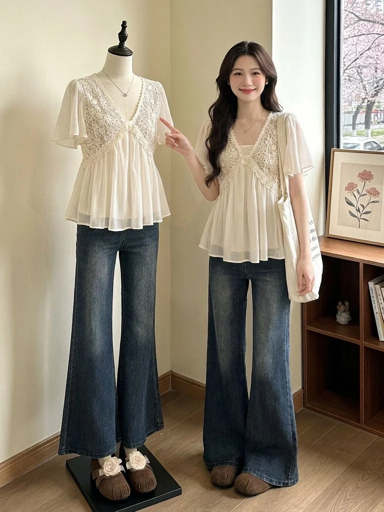 Lace Hookwork Hollow out V-Neck Chiffon Top Women's Summer New Style plus Size Beautiful Small Shirt Super Cute Blouse
Lace Hookwork Hollow out V-Neck Chiffon Top Women's Summer New Style plus Size Beautiful Small Shirt Super Cute Blouse