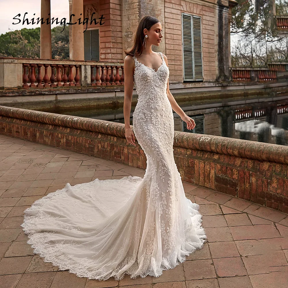 Exquisite V-neck Mermaid Wedding Dress Lace Appliques Spaghetti Straps Tulle Bridal Gowns Robe De Mariee Court Train Customised
Exquisite V-neck Mermaid Wedding Dress Lace Appliques Spaghetti Straps Tulle Bridal Gowns Robe De Mariee Court Train Customised