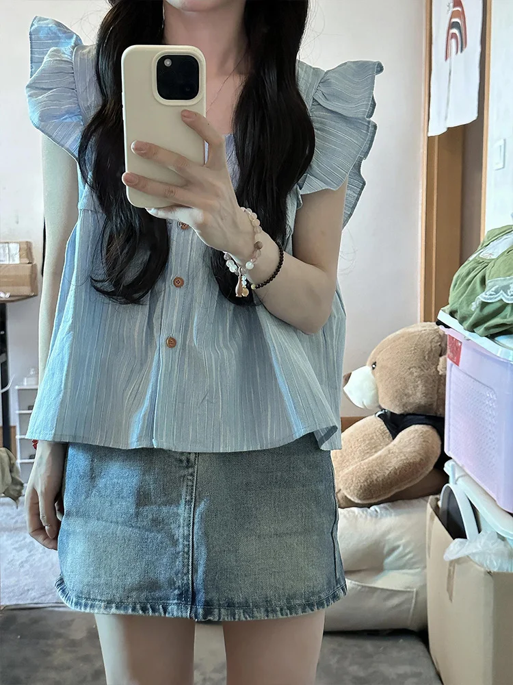 Blue Striped Svel Doll irt Women's Summer New Sle Floral Design Sensation Flng Sve Top Sweet Loose Fit
Blue Striped Svel Doll irt Women's Summer New Sle Floral Design Sensation Flng Sve Top Sweet Loose Fit