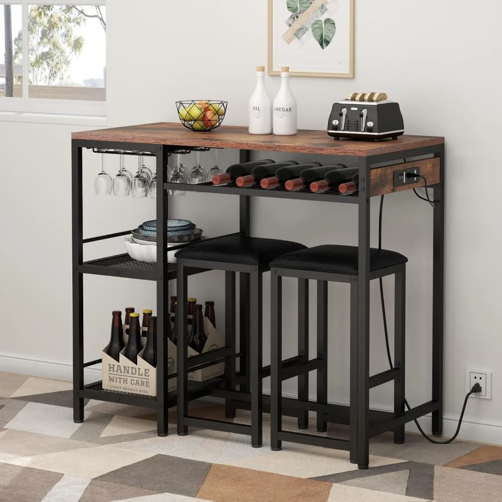 Bar Table and Chairs Set with Power Outlet, Pub Table and Chairs Set for 2 with 2 Storage Shelves, 3 Piece Table Set with Wine R
Bar Table and Chairs Set with Power Outlet, Pub Table and Chairs Set for 2 with 2 Storage Shelves, 3 Piece Table Set with Wine R