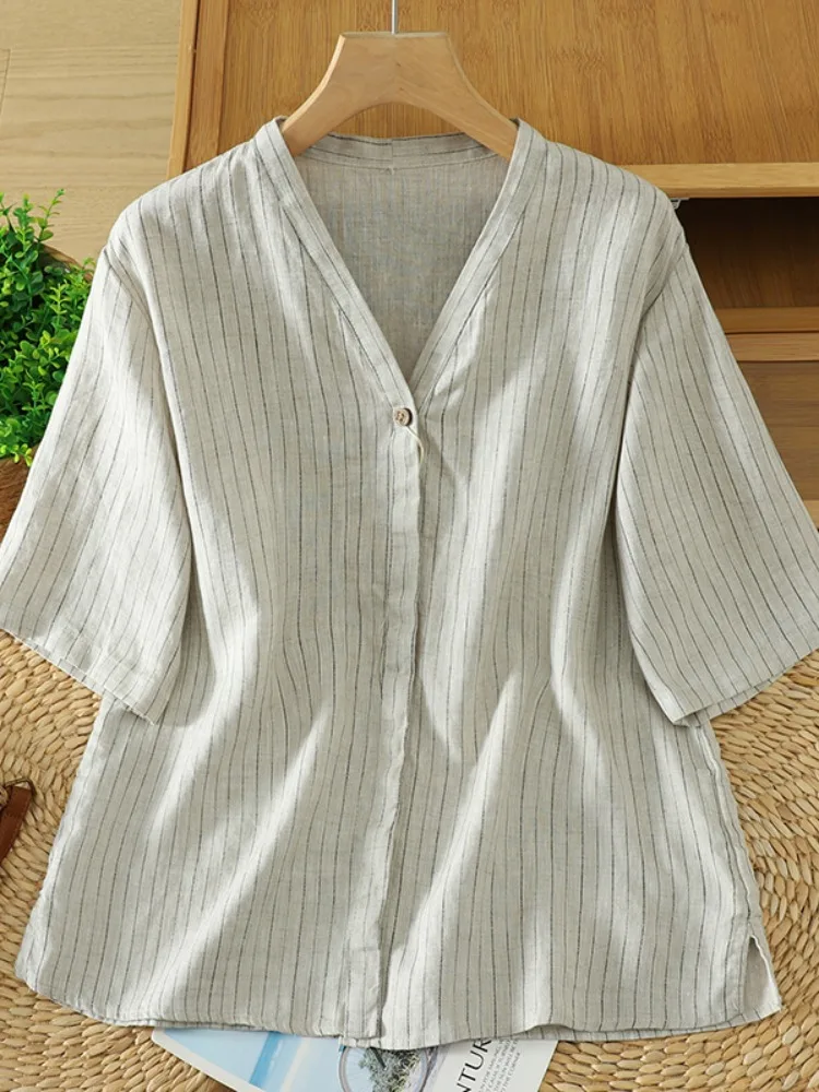 Cotton Linen Short Sleeve V-Neck Striped Shirt Women's Summer Casual Fashion Age-Defying Open Cardigan Top Artistic Style
Cotton Linen Short Sleeve V-Neck Striped Shirt Women's Summer Casual Fashion Age-Defying Open Cardigan Top Artistic Style