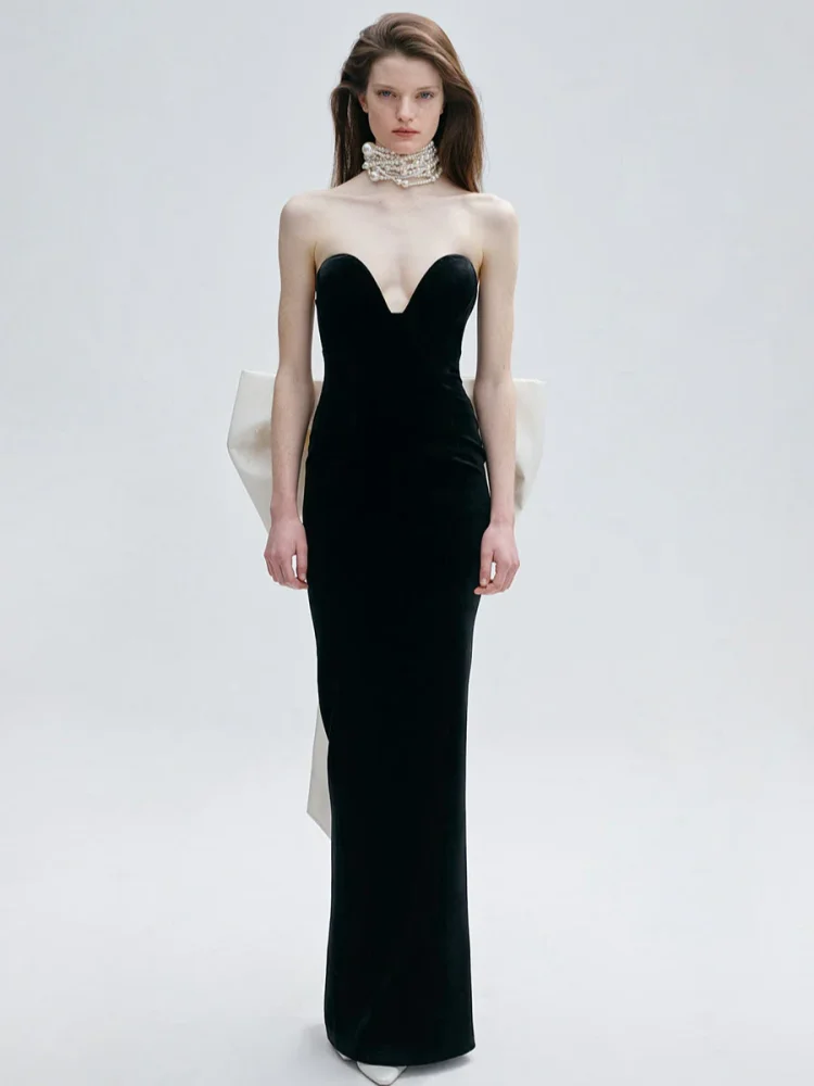 Sexy Strapless V Neck Large Bow Long Bandage Dress Women Black Sleeveless Backless With Bow Bodycon Dresses Evening Party Gowns 
Sexy Strapless V Neck Large Bow Long Bandage Dress Women Black Sleeveless Backless With Bow Bodycon Dresses Evening Party Gowns