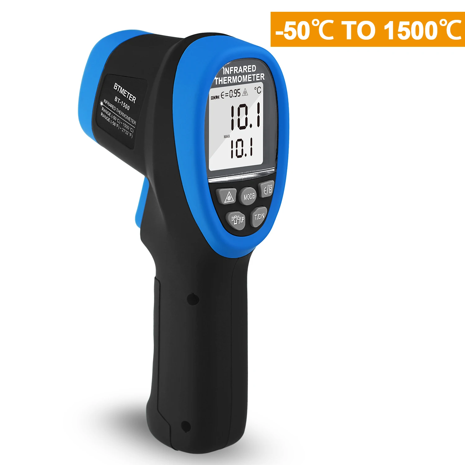 BT-1500 Non-Contact Pyrometer 30:1 Industrial Laser Thermometer Gun, -58℉ to 2732℉ (-50℃ ~ 1500℃) High Temp Infrared Thermometer 
BT-1500 Non-Contact Pyrometer 30:1 Industrial Laser Thermometer Gun, -58℉ to 2732℉ (-50℃ ~ 1500℃) High Temp Infrared Thermometer