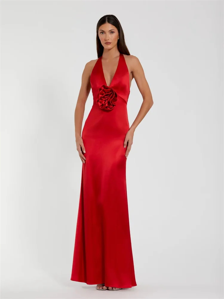 Customized Elegant Floral Satin Sleeveless Halterneck Dress With Deep V-neck 3D Flower Appliqué Back Pleated Halter Dress
Customized Elegant Floral Satin Sleeveless Halterneck Dress With Deep V-neck 3D Flower Appliqué Back Pleated Halter Dress