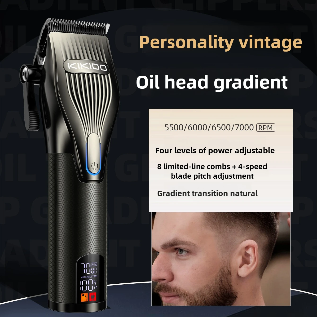 New digital men's hair clipper set with USB high power 4-speed high-speed electric push and carving
New digital men's hair clipper set with USB high power 4-speed high-speed electric push and carving