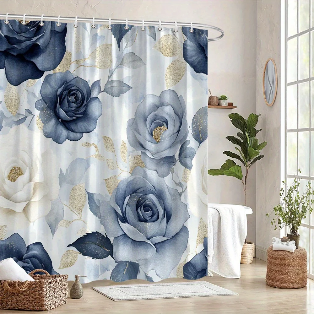 Занавеска для душа с цветочной розой, темно-синий и золотой, голубой фон, полиэстер, 12 крючков, элегантный декор для ванны 
Занавеска для душа с цветочной розой, темно-синий и золотой, голубой фон, полиэстер, 12 крючков, элегантный декор для ванны
