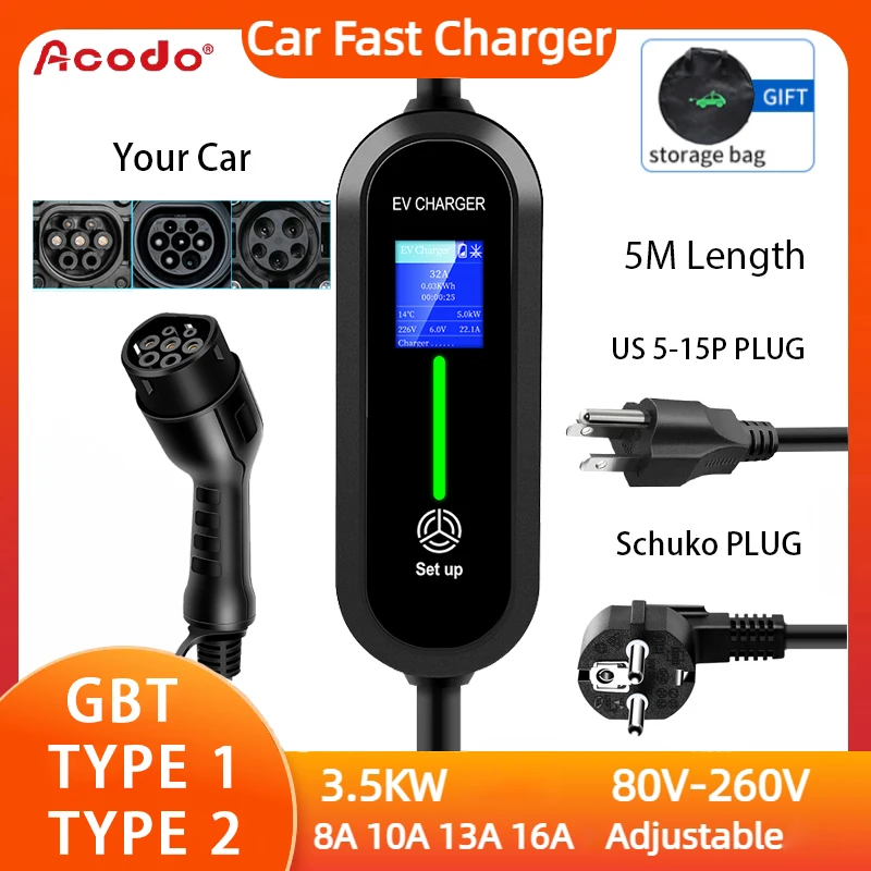 Acodo EV Portable Charger 3.5KW Type 2 Type 1 GBT 5M Length 5 Currents modes WallBox With Display Booking Time Car Fast Charger
Acodo EV Portable Charger 3.5KW Type 2 Type 1 GBT 5M Length 5 Currents modes WallBox With Display Booking Time Car Fast Charger